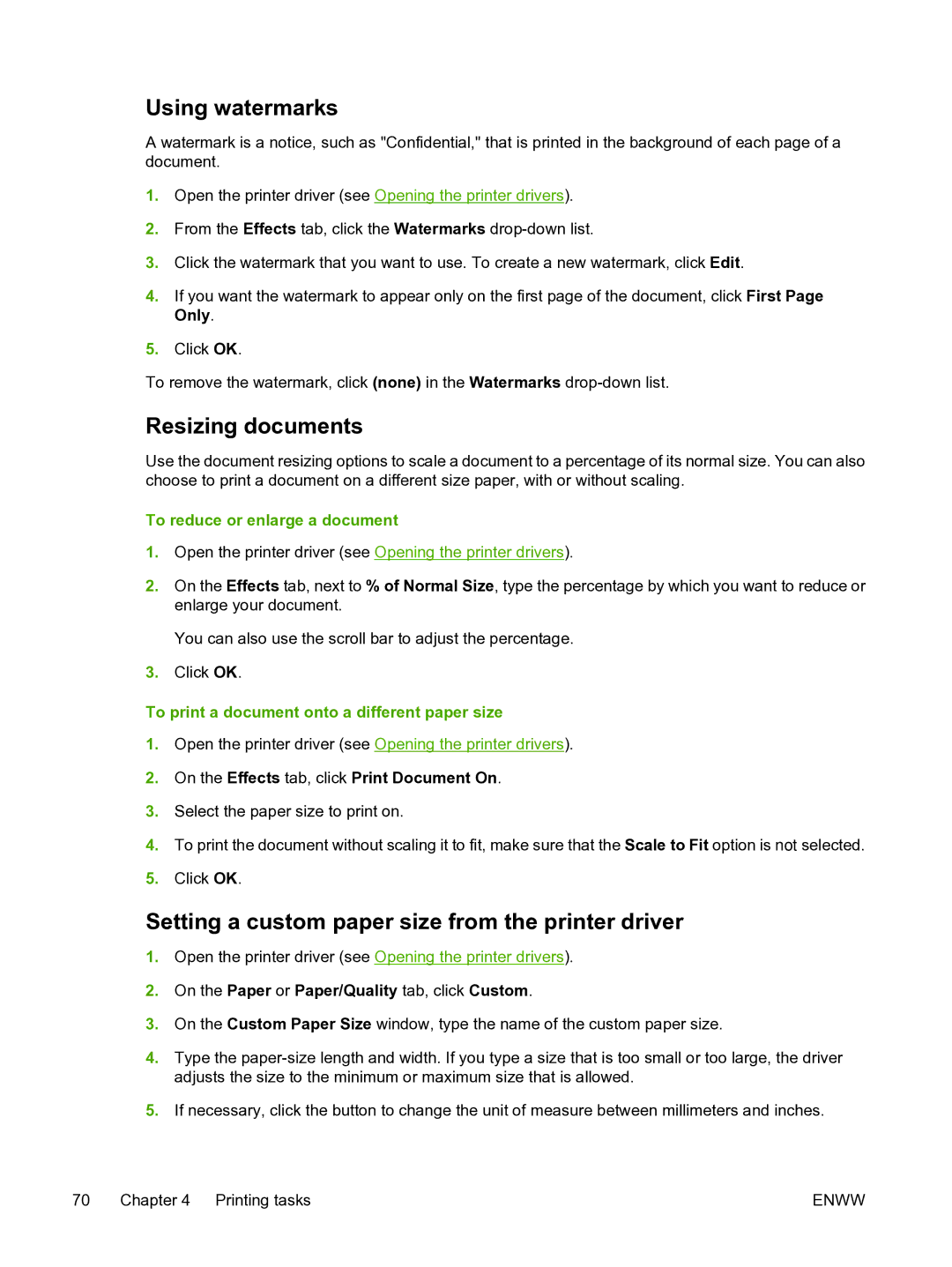 HP 3800 manual Using watermarks, Resizing documents, Setting a custom paper size from the printer driver 