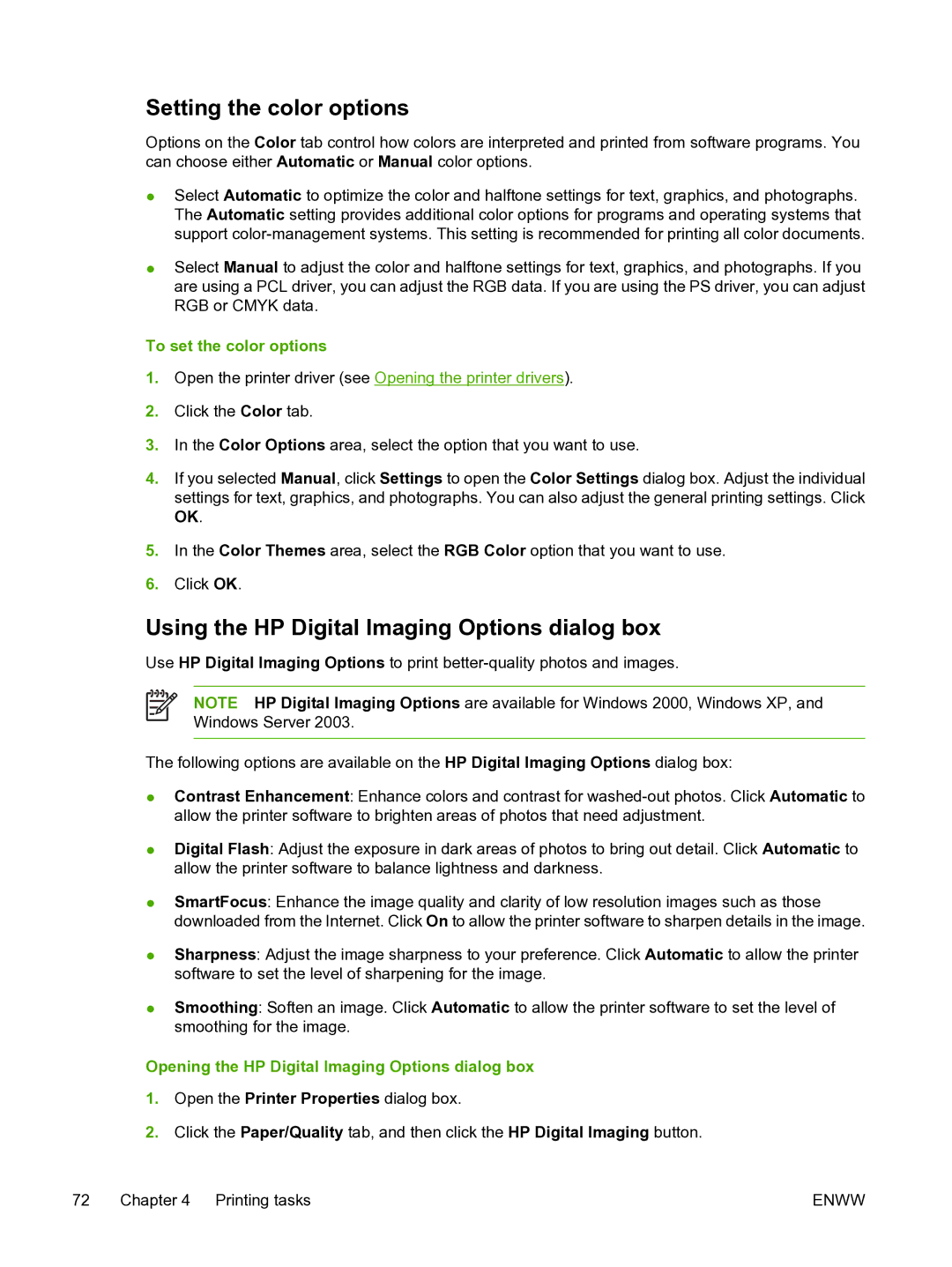 HP 3800 manual Setting the color options, Using the HP Digital Imaging Options dialog box, To set the color options 