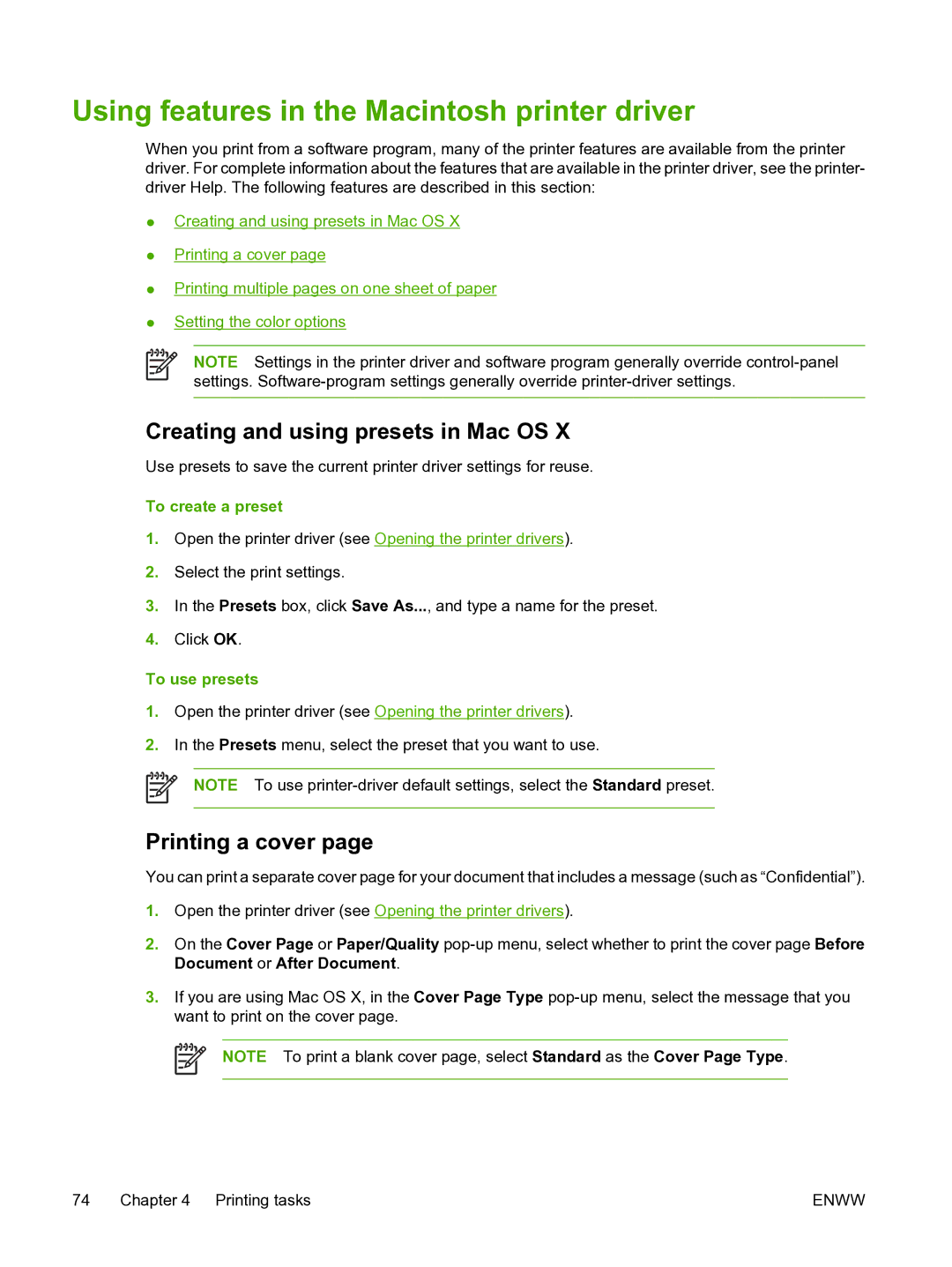 HP 3800 manual Using features in the Macintosh printer driver, Creating and using presets in Mac OS, Printing a cover 