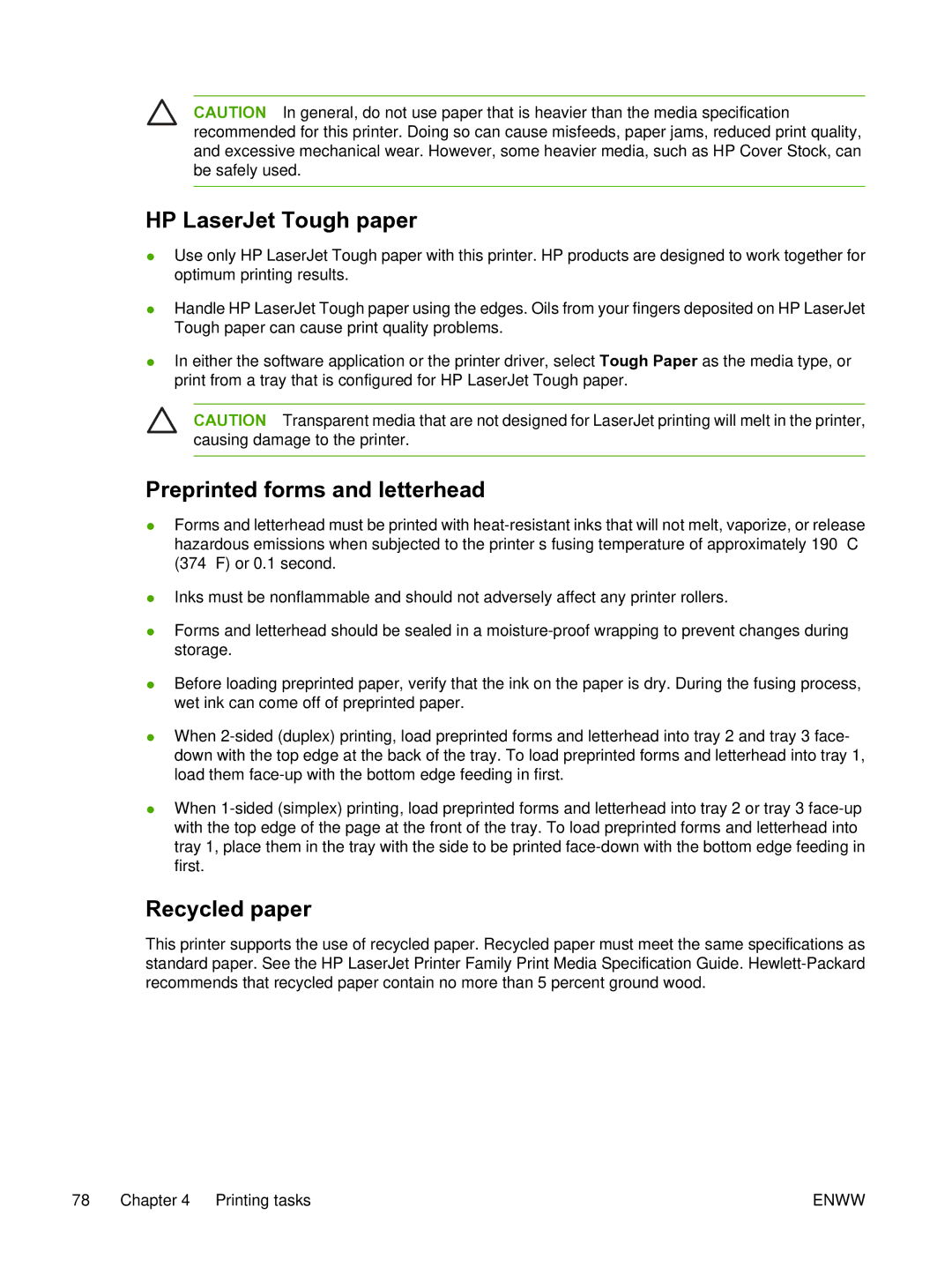 HP 3800 manual HP LaserJet Tough paper, Preprinted forms and letterhead, Recycled paper 