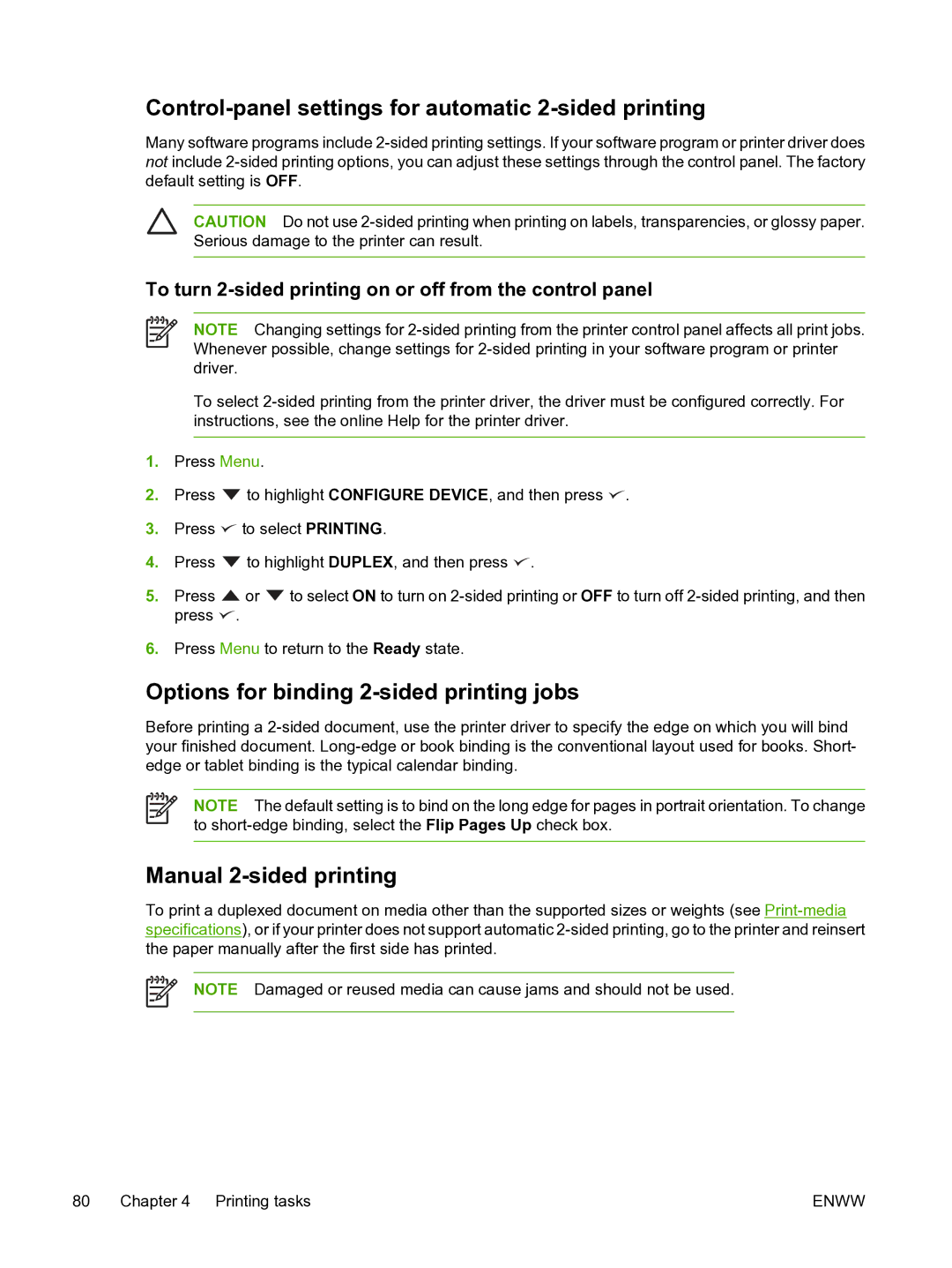 HP 3800 manual Control-panel settings for automatic 2-sided printing, Options for binding 2-sided printing jobs 