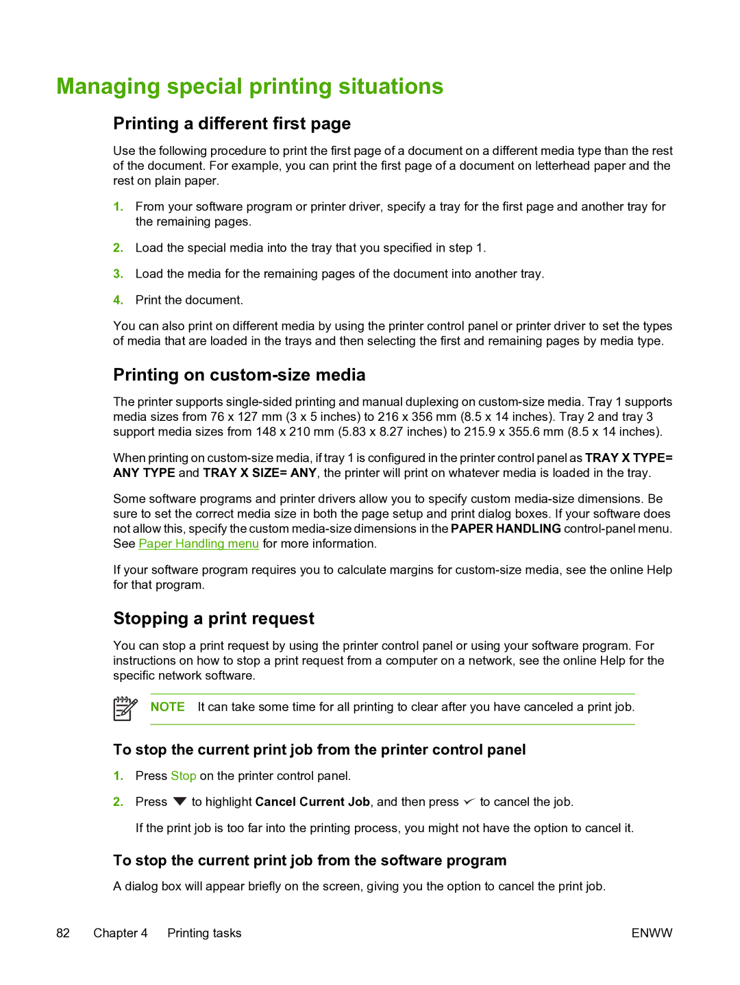 HP 3800 manual Managing special printing situations, Printing a different first, Printing on custom-size media 