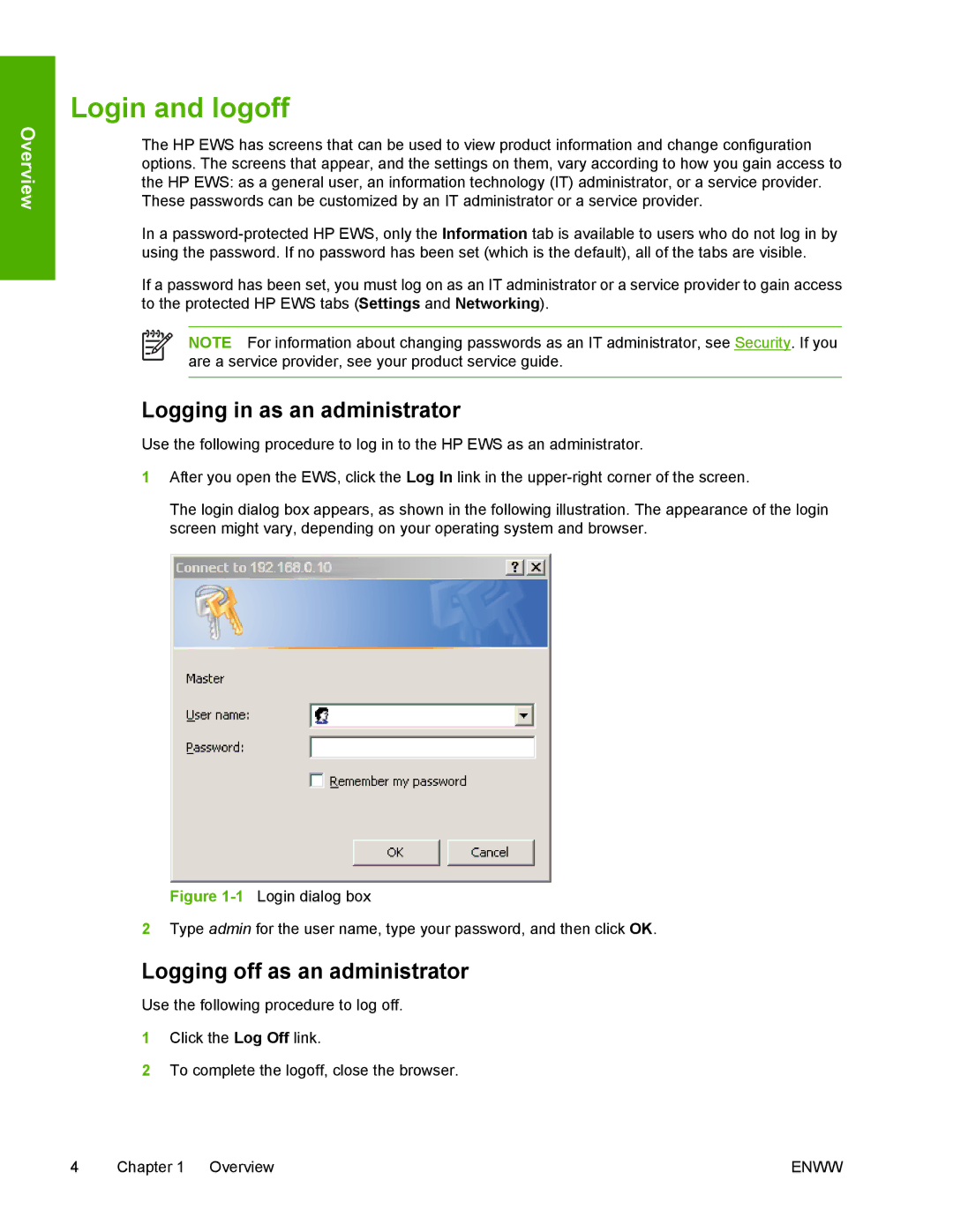 HP 3800 manual Login and logoff, Logging in as an administrator, Logging off as an administrator 