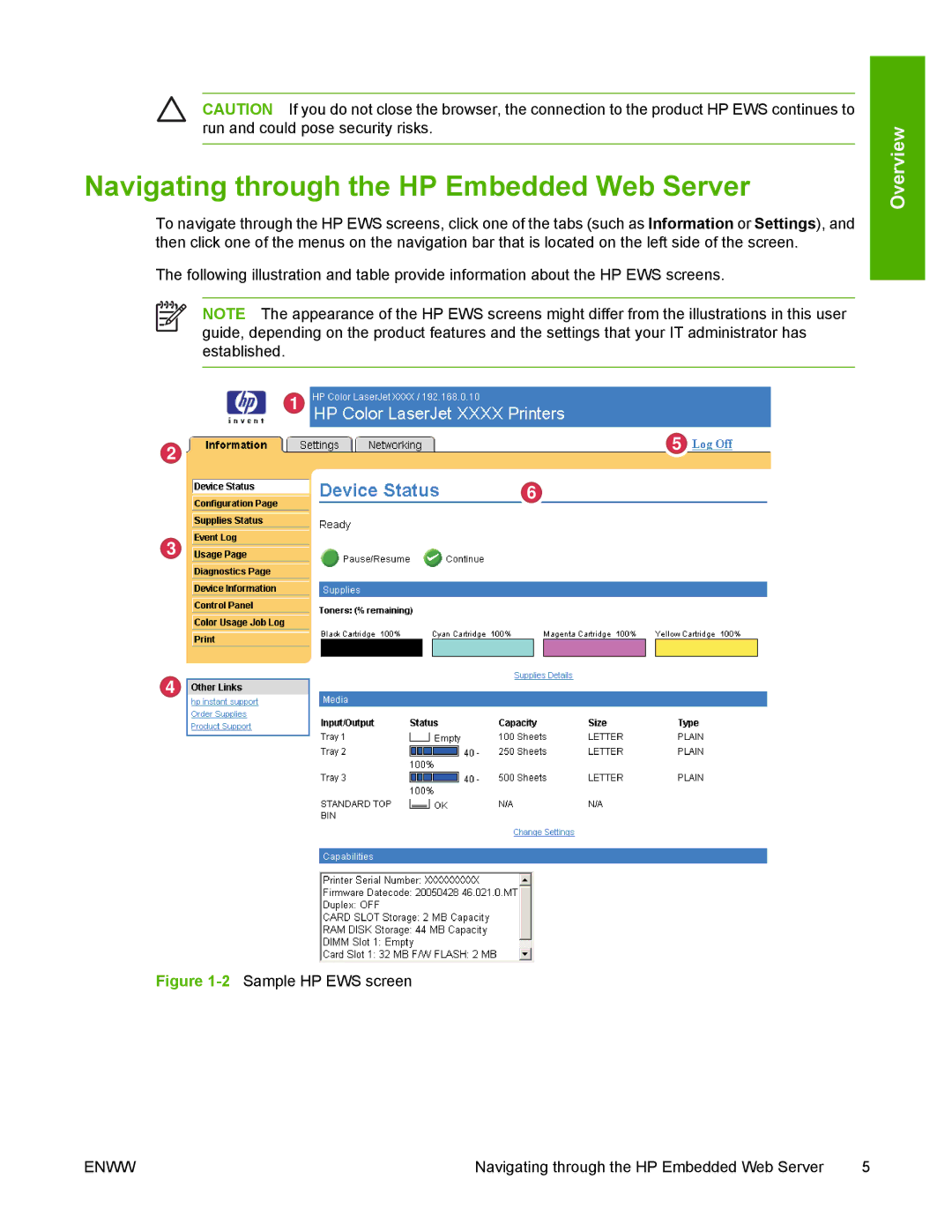 HP 3800 manual Navigating through the HP Embedded Web Server, 2Sample HP EWS screen 