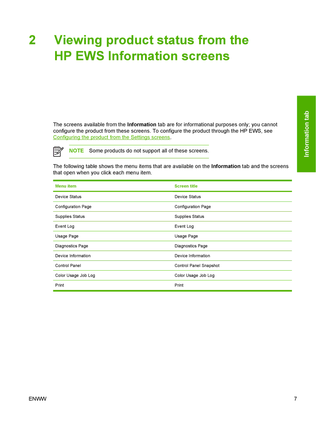 HP 3800 manual Viewing product status from the HP EWS Information screens, Menu item Screen title 