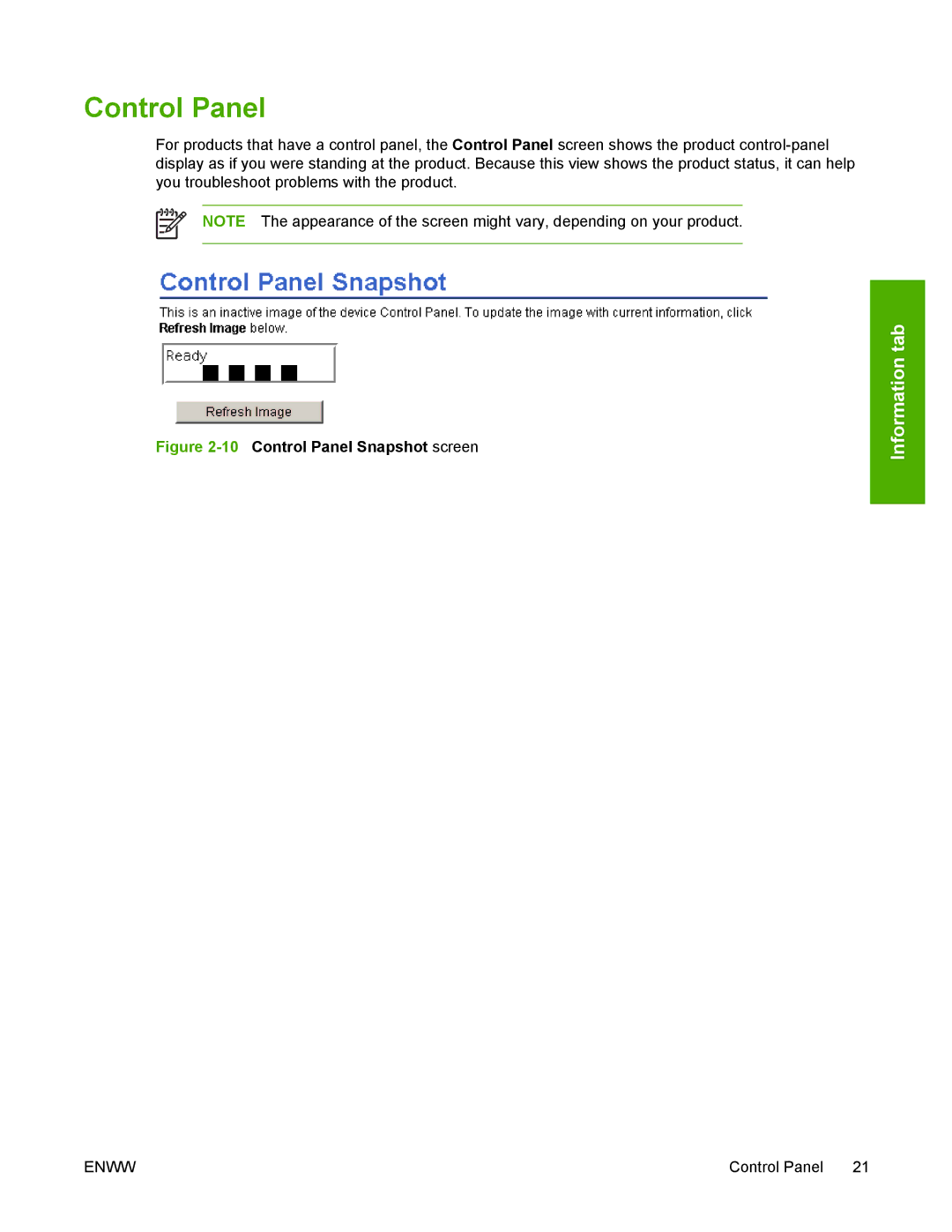 HP 3800 manual 10Control Panel Snapshot screen 