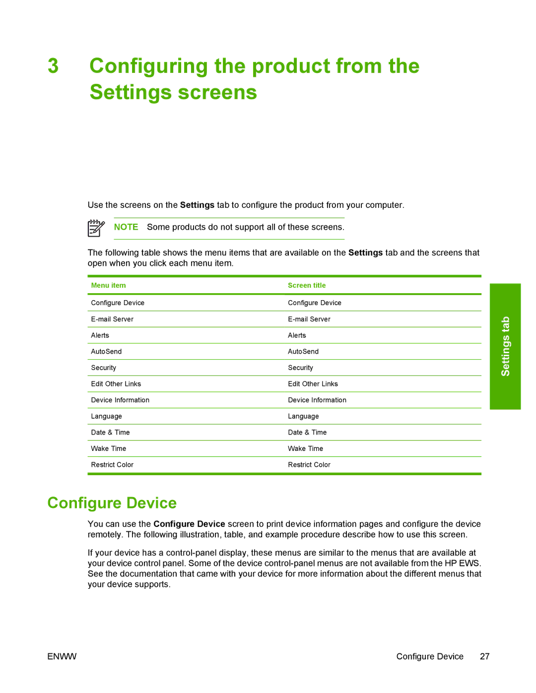 HP 3800 manual Configuring the product from the Settings screens, Configure Device 