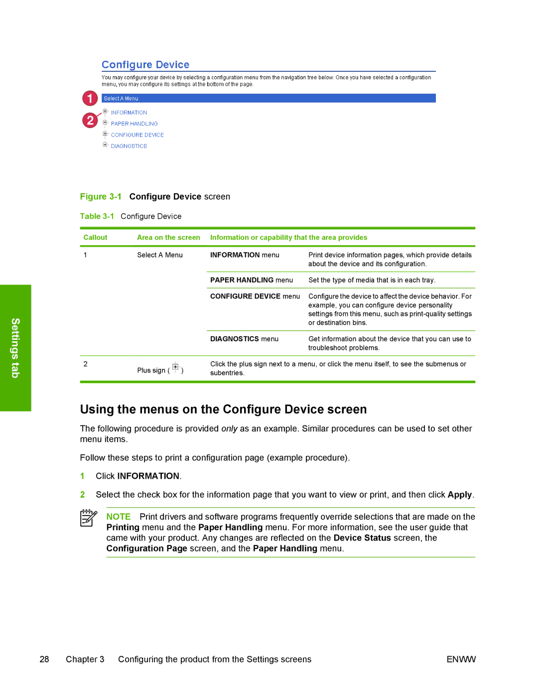 HP 3800 manual Using the menus on the Configure Device screen, 1Configure Device 