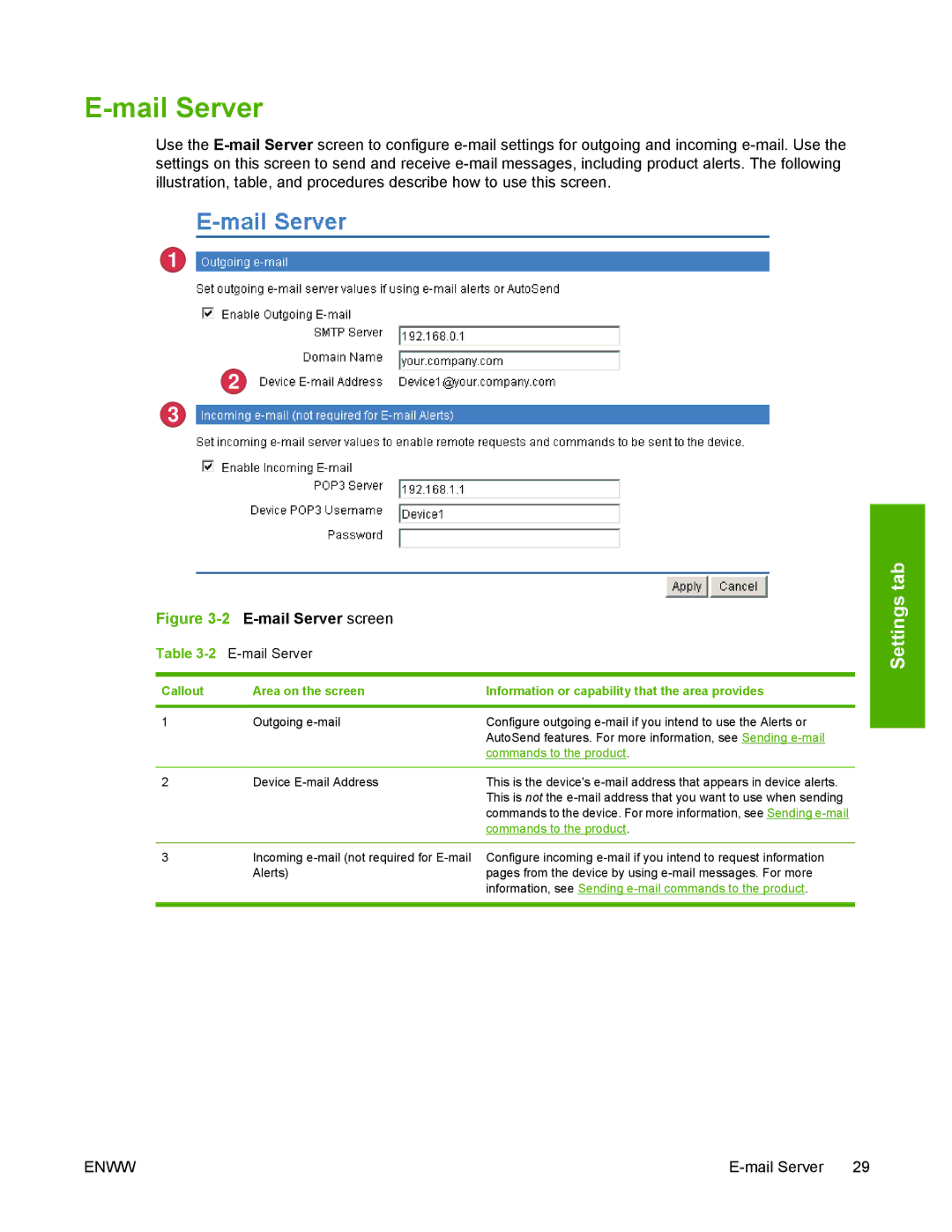 HP 3800 manual Mail Server, Commands to the product 