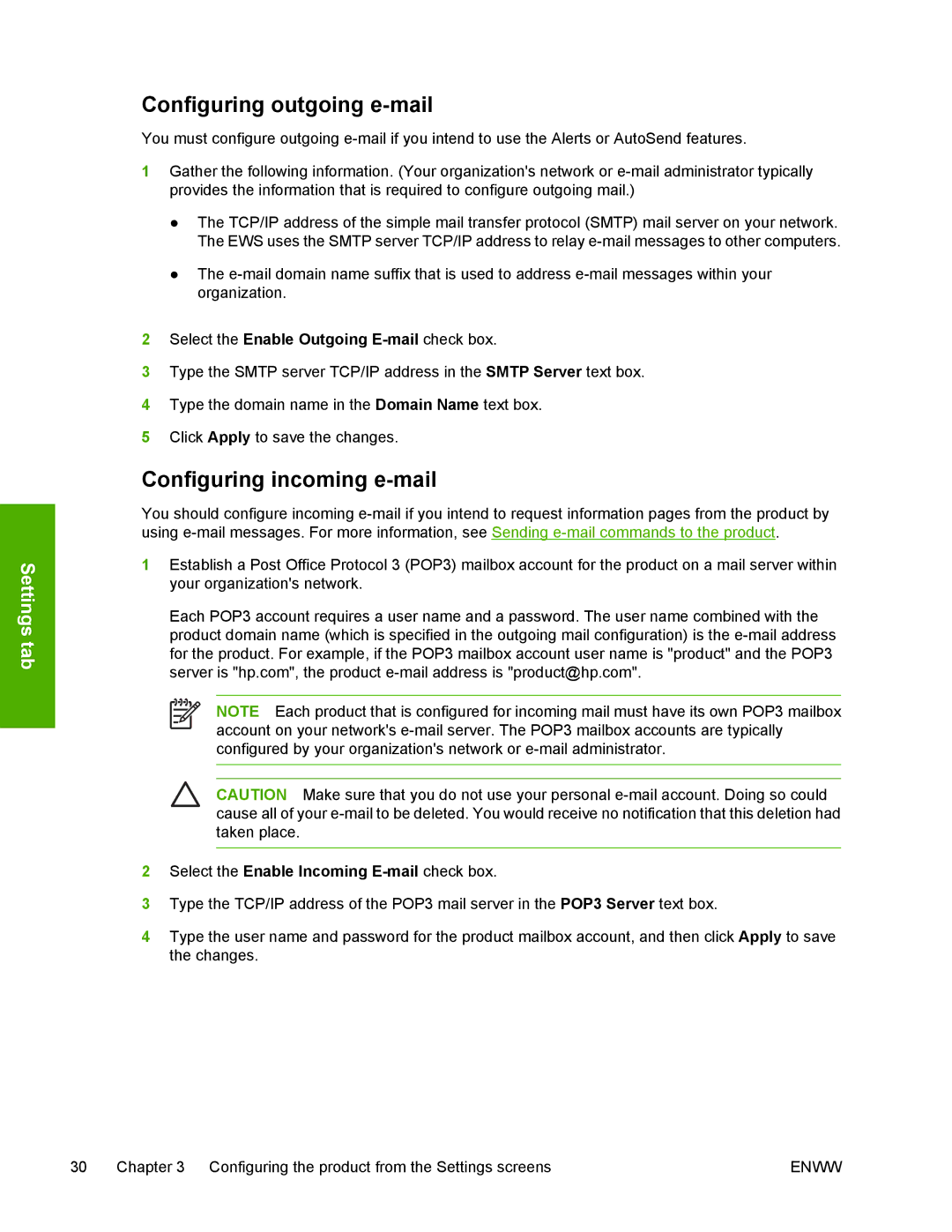 HP 3800 manual Configuring outgoing e-mail, Configuring incoming e-mail 