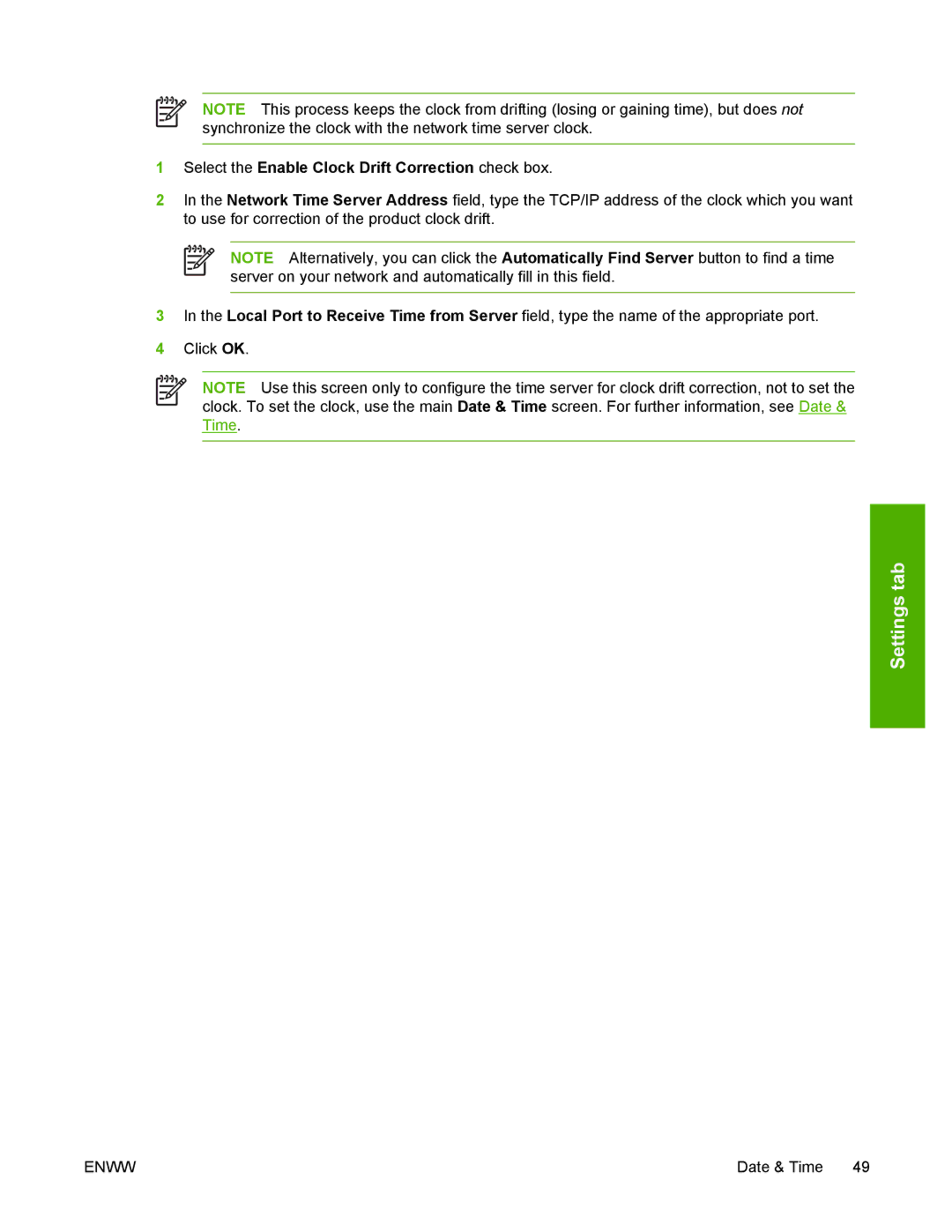 HP 3800 manual Select the Enable Clock Drift Correction check box 