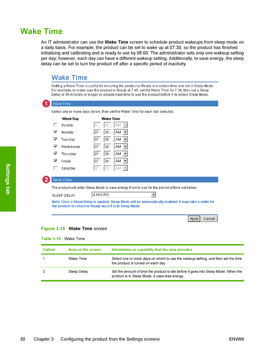 HP 3800 manual Wake Time screen 