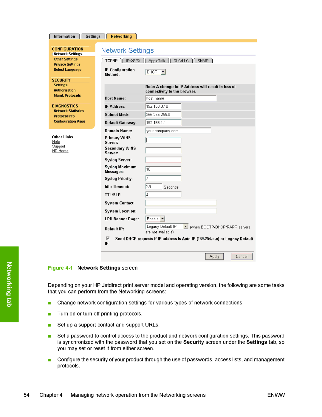 HP 3800 manual 1Network Settings screen 