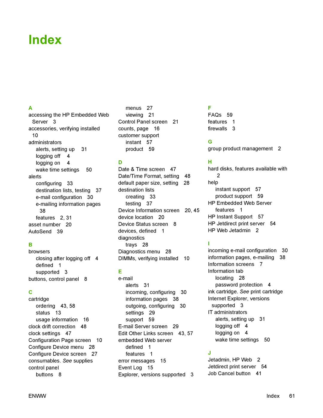 HP 3800 manual Index 