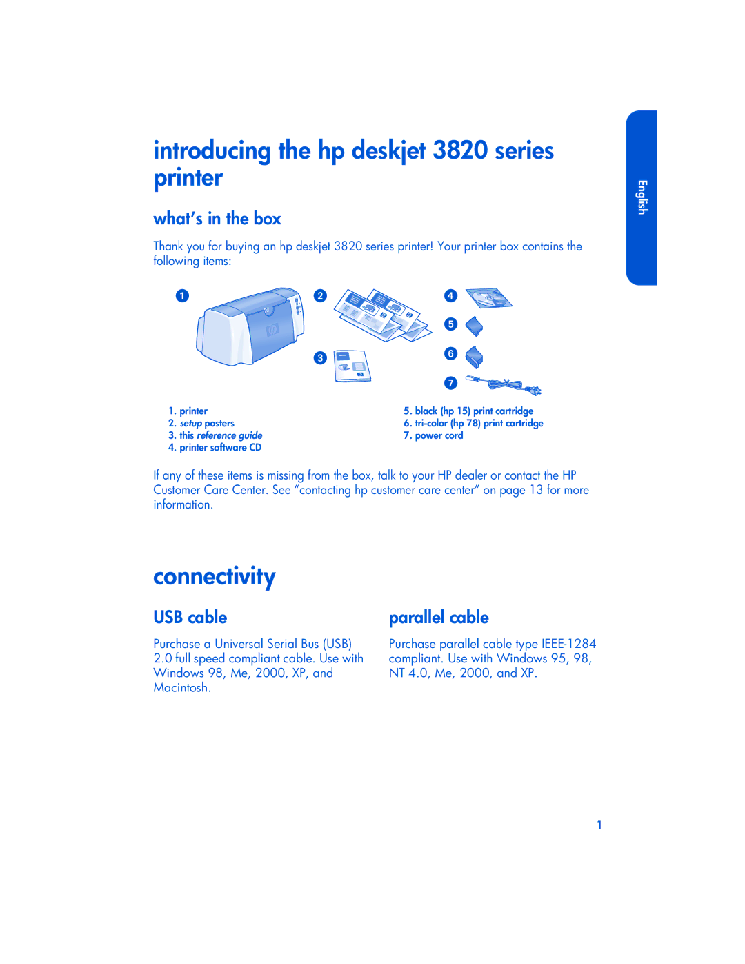 HP manual Introducing the hp deskjet 3820 series printer, Connectivity, What’s in the box, USB cable, Parallel cable 