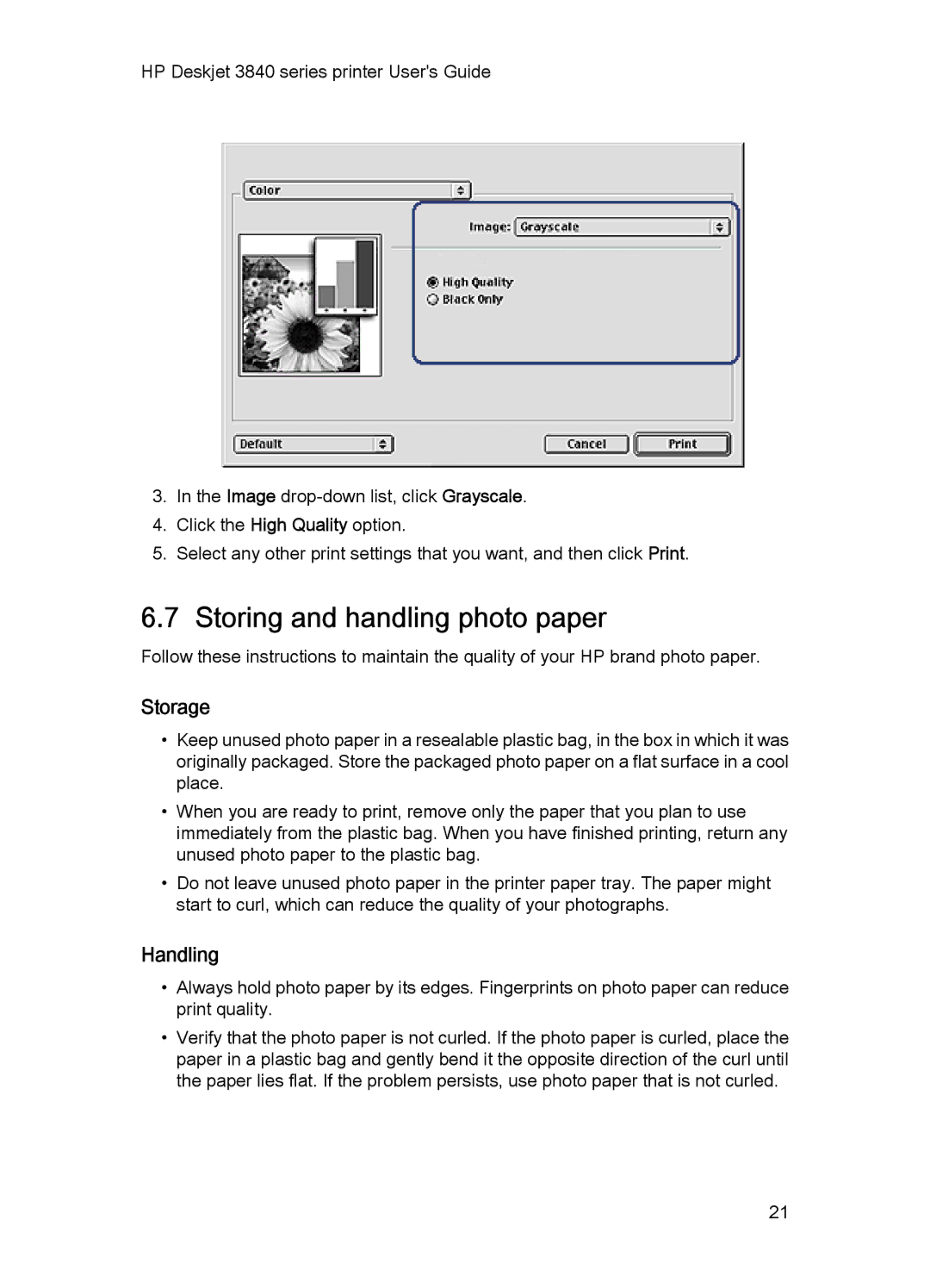 HP 3840 manual Storing and handling photo paper, Storage, Handling 