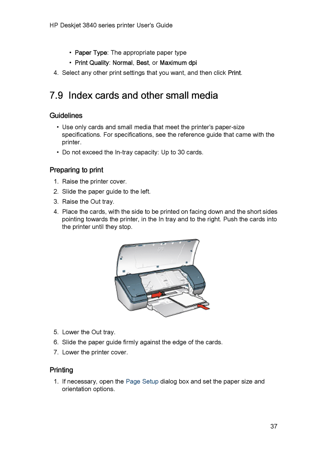 HP 3840 manual Index cards and other small media, Print Quality Normal, Best, or Maximum dpi 