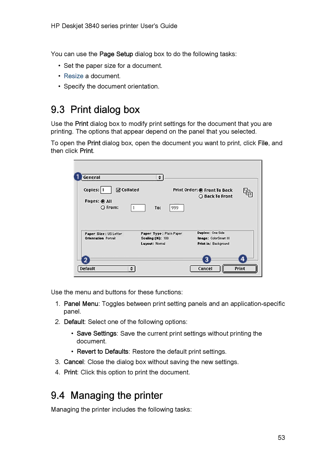 HP 3840 manual Print dialog box, Managing the printer 