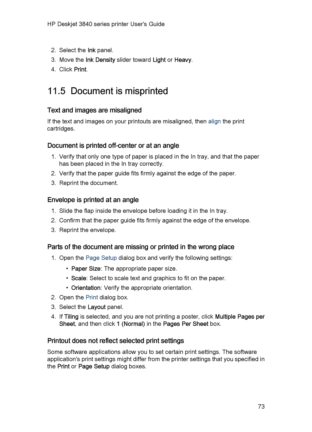 HP 3840 manual Document is misprinted, Text and images are misaligned, Document is printed off-center or at an angle 