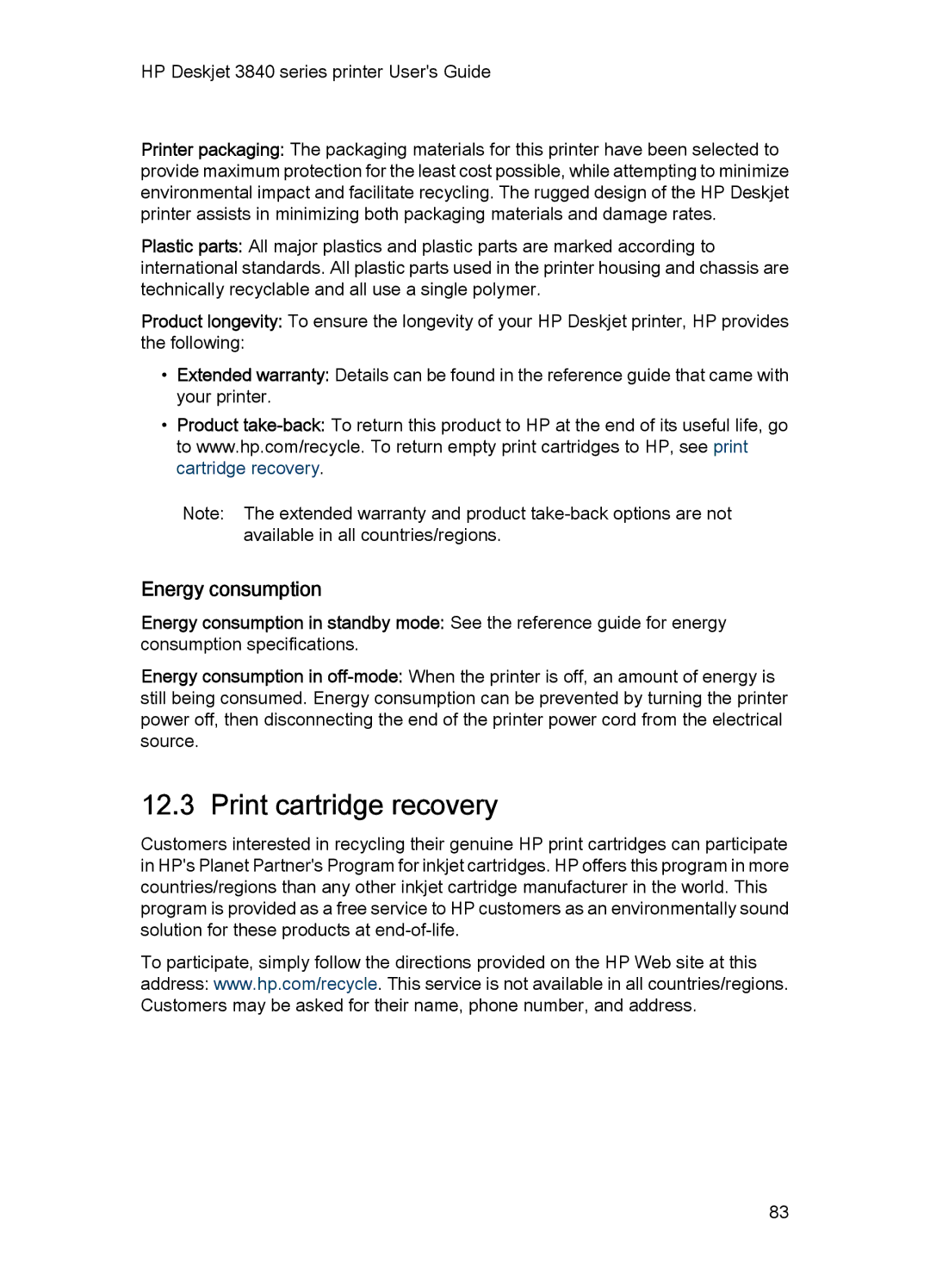 HP 3840 manual Print cartridge recovery, Energy consumption 