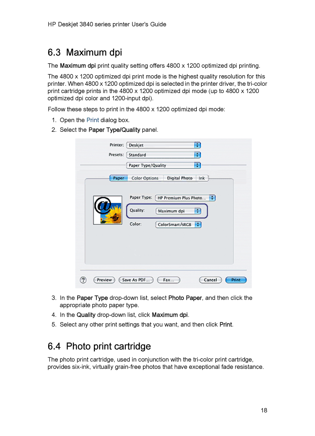 HP 3840 manual Maximum dpi, Photo print cartridge 