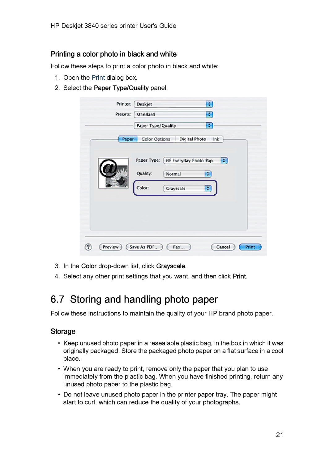 HP 3840 manual Storing and handling photo paper, Printing a color photo in black and white, Storage 