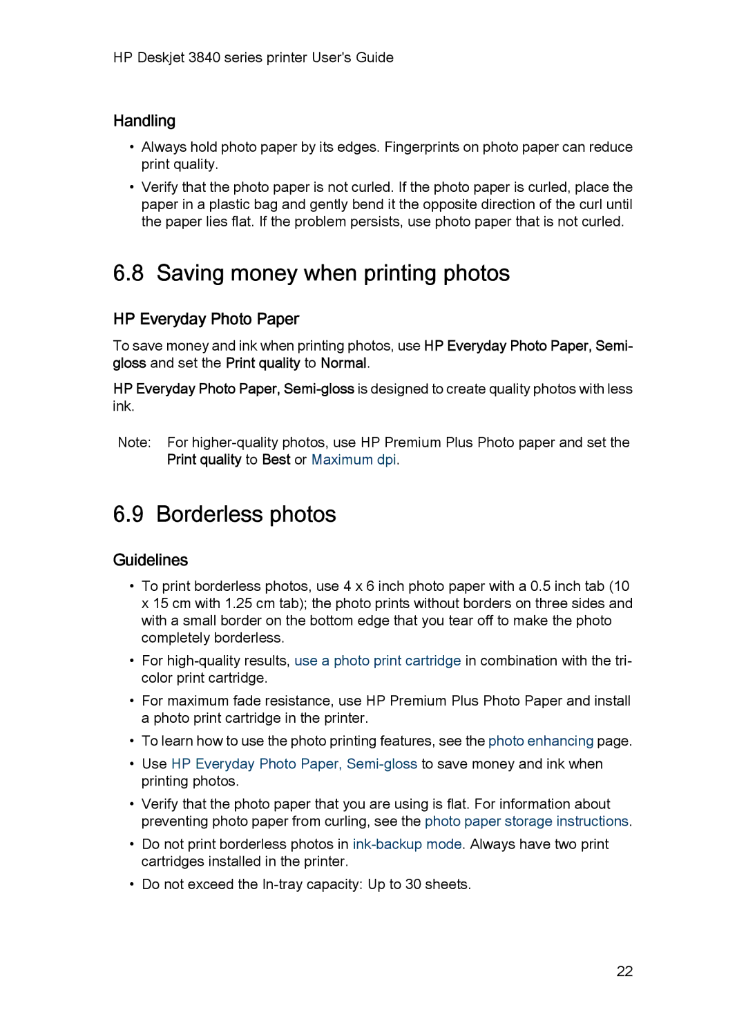 HP 3840 manual Saving money when printing photos, Borderless photos, Handling, HP Everyday Photo Paper, Guidelines 