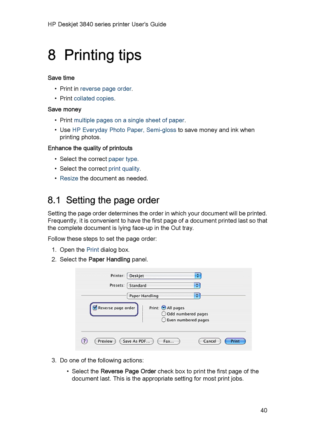 HP 3840 manual Printing tips, Setting the page order, Save time, Save money, Enhance the quality of printouts 