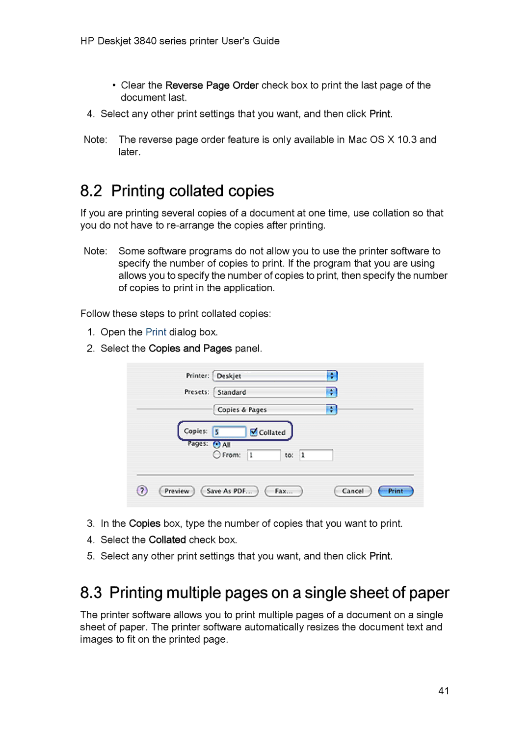 HP 3840 manual Printing collated copies, Printing multiple pages on a single sheet of paper 