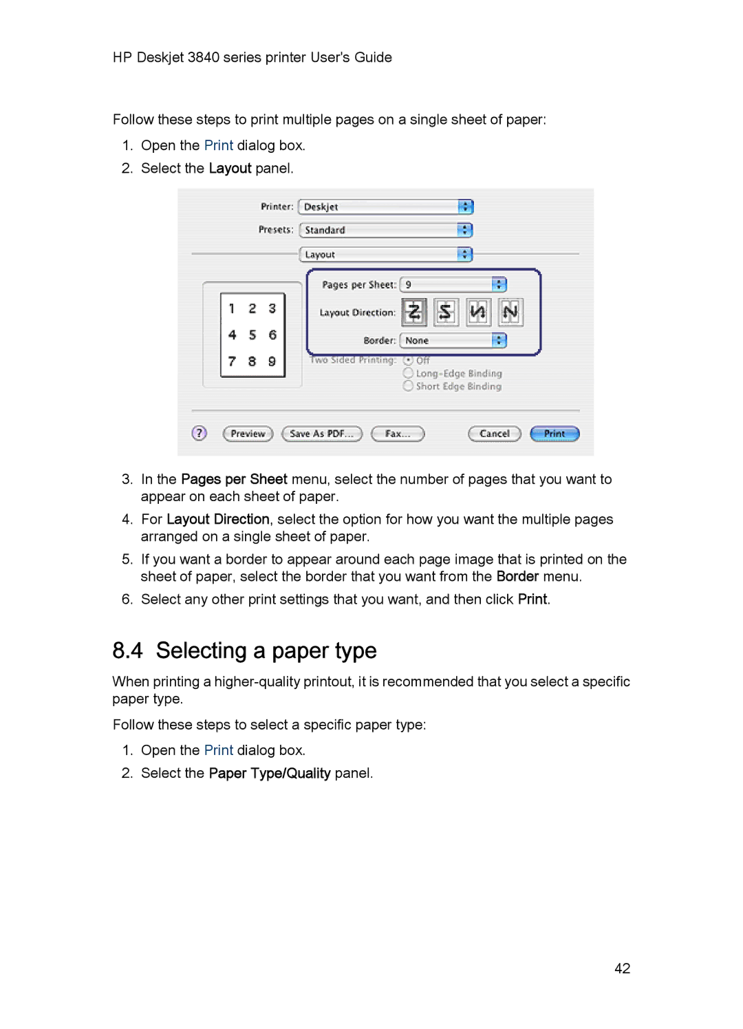 HP 3840 manual Selecting a paper type, Select the Paper Type/Quality panel 