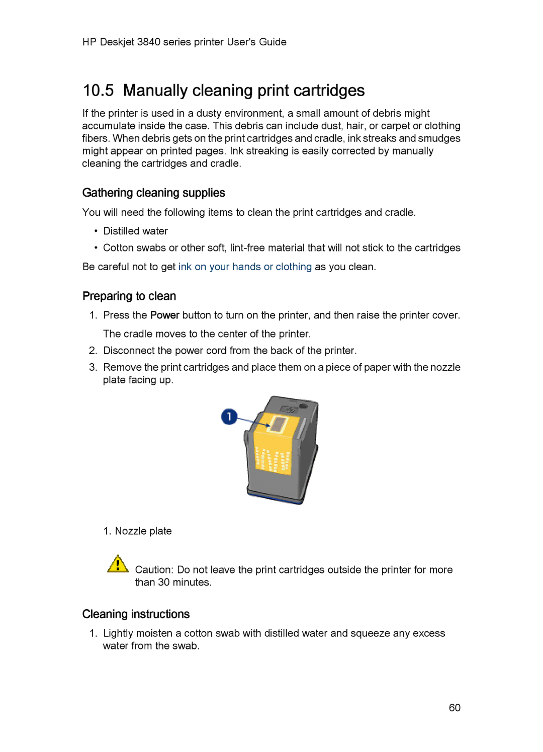 HP 3840 manual Manually cleaning print cartridges, Gathering cleaning supplies, Preparing to clean, Cleaning instructions 