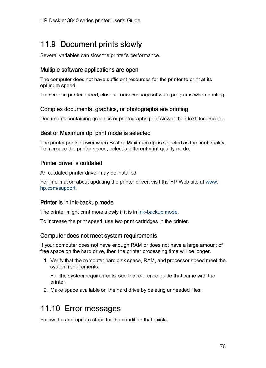 HP 3840 manual Document prints slowly, Error messages 