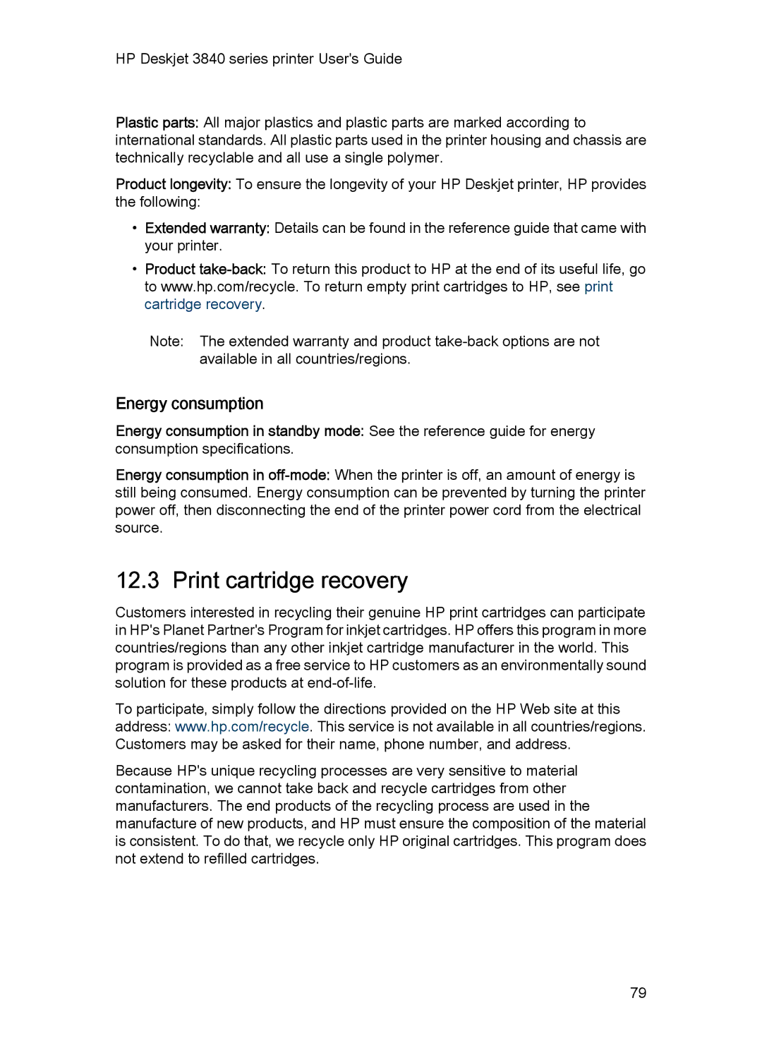 HP 3840 manual Print cartridge recovery, Energy consumption 