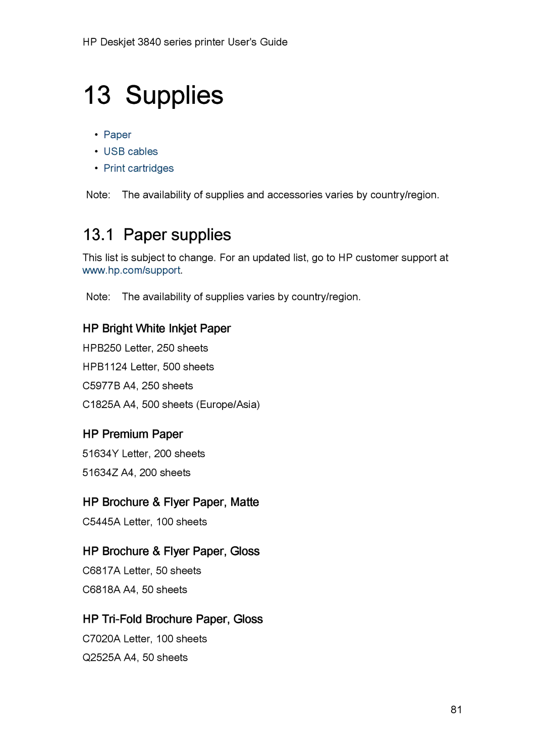 HP 3840 manual Supplies, Paper supplies 