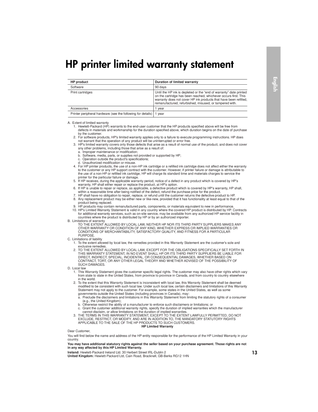 HP 3900 manual HP printer limited warranty statement, HP product Duration of limited warranty 