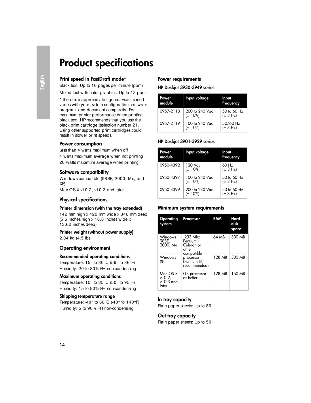 HP 3900 Print speed in FastDraft mode, Power consumption, Software compatibility, Physical specifications, Tray capacity 