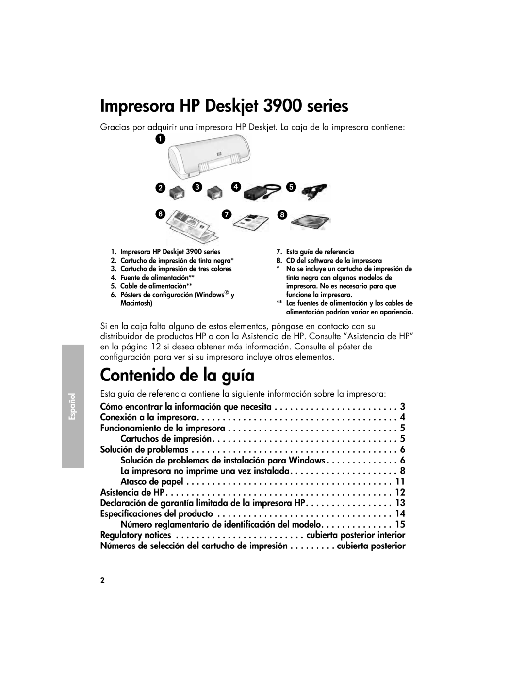 HP manual Impresora HP Deskjet 3900 series, Contenido de la guía 