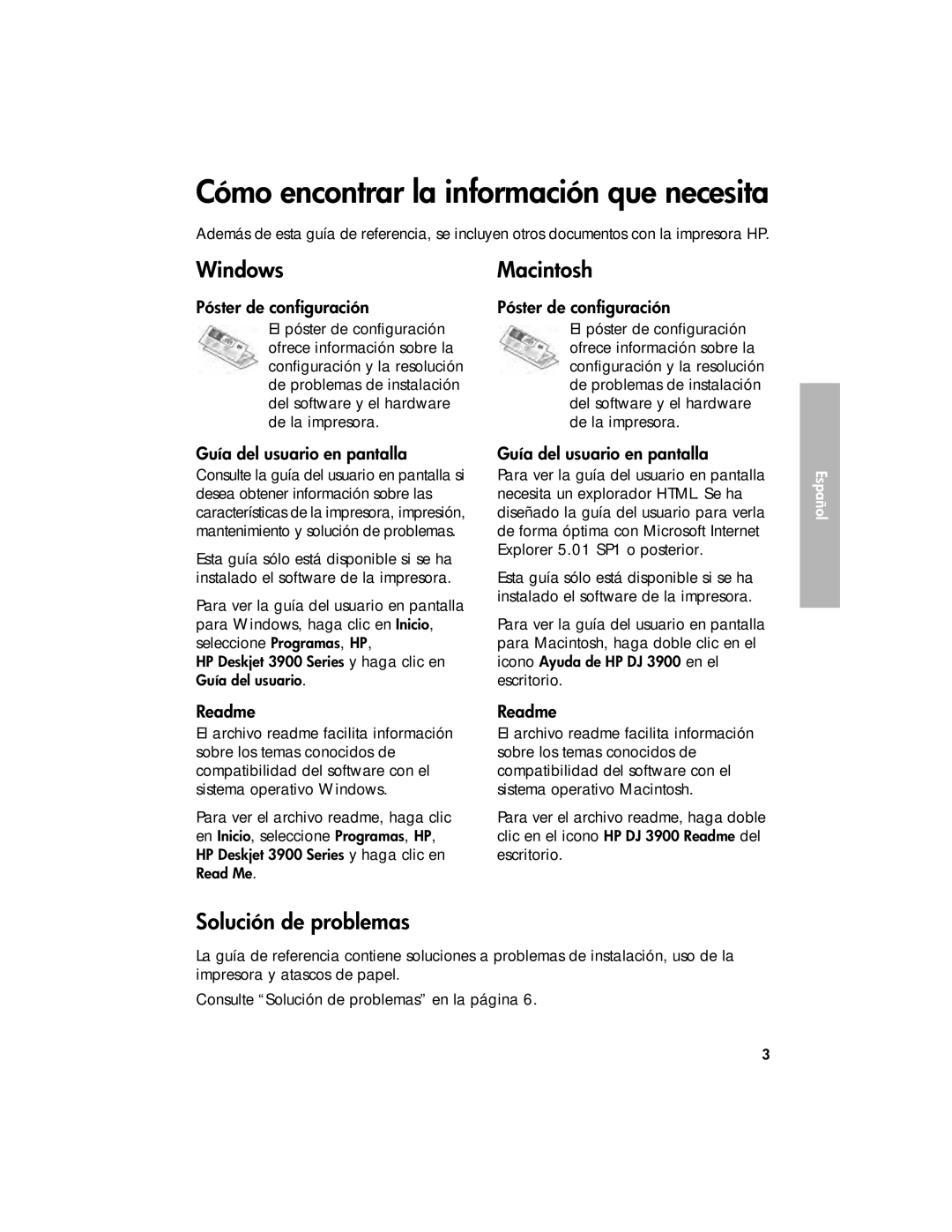 HP 3900 Cómo encontrar la información que necesita, Windows Macintosh, Solución de problemas, Póster de configuración 