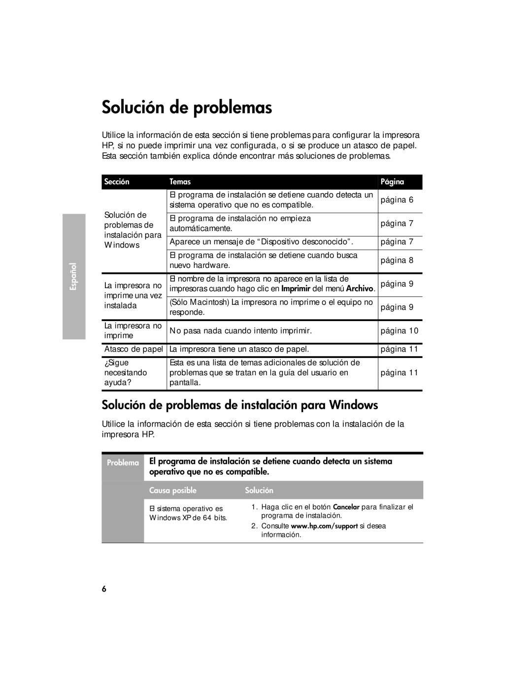 HP 3900 manual Solución de problemas de instalación para Windows, Página, Imprime una vez 