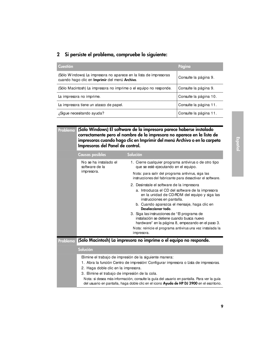 HP 3900 manual Si persiste el problema, compruebe lo siguiente, Cuestión Página 