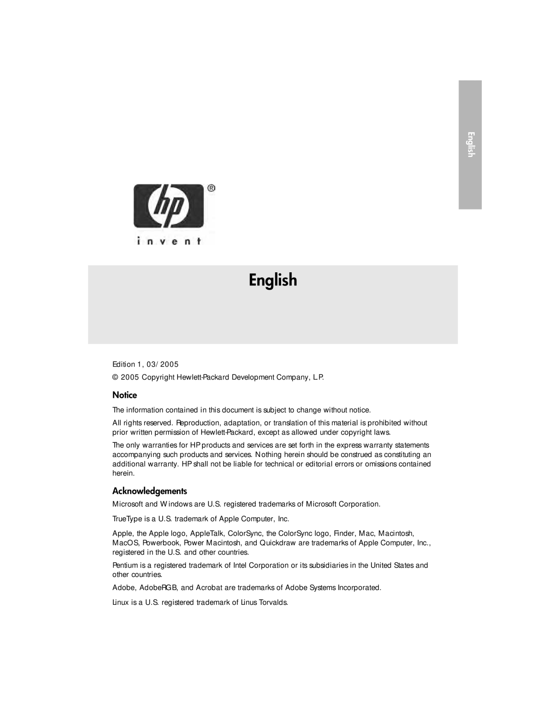 HP 3900 manual English, Acknowledgements 