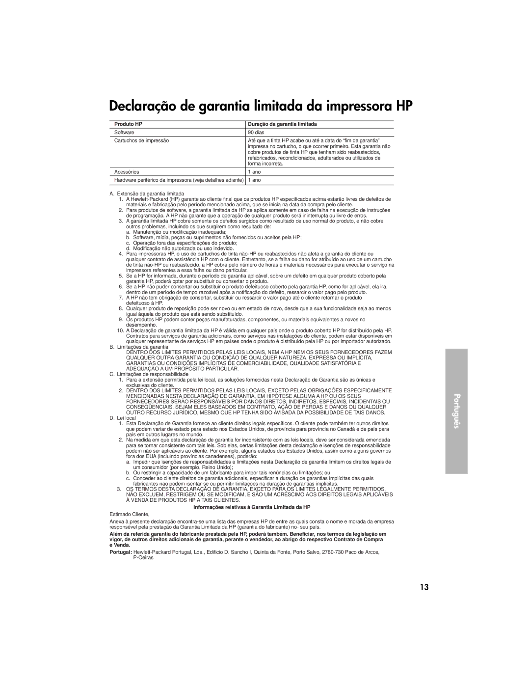 HP 3900 manual Declaração de garantia limitada da impressora HP 