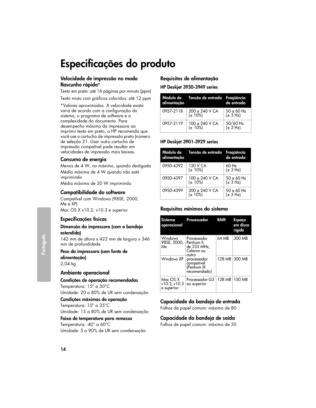 HP 3900 manual Especificações do produto 