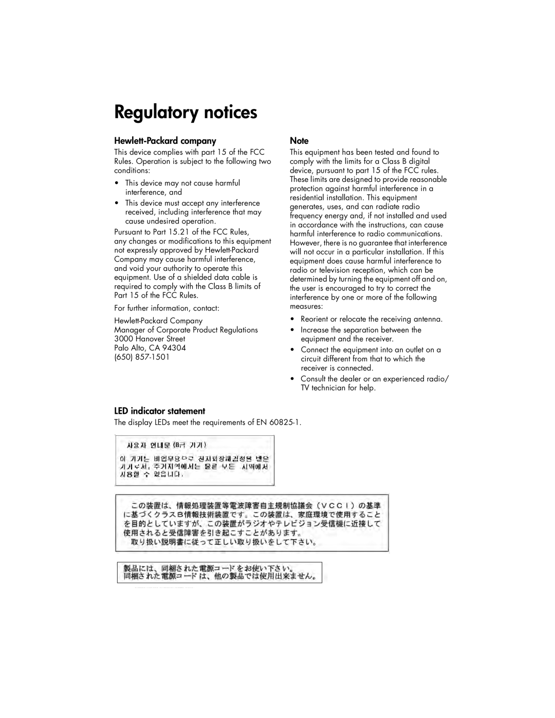 HP 3900 manual Regulatory notices, Hewlett-Packard company, LED indicator statement 