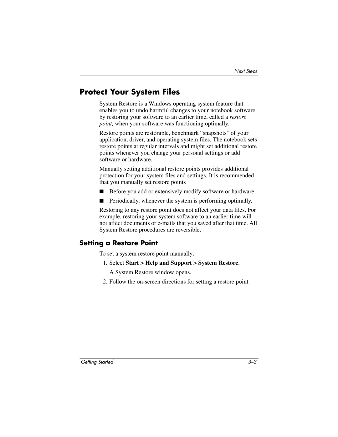 HP 393685-002 manual Protect Your System Files, Setting a Restore Point 