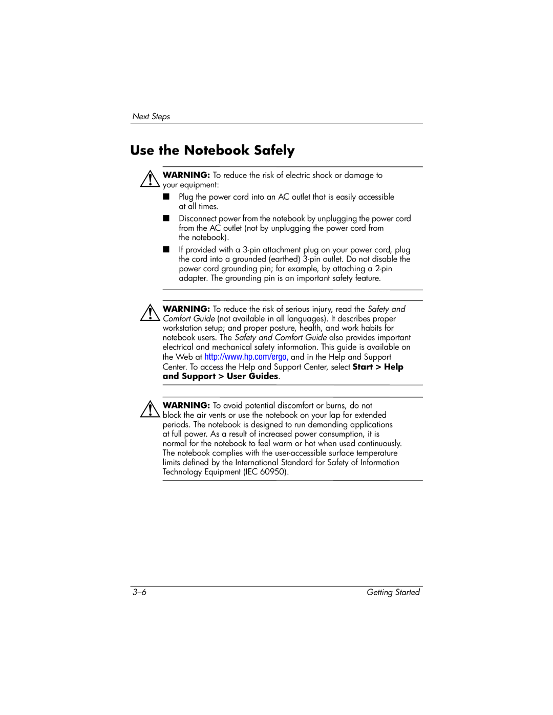 HP 393685-002 manual Use the Notebook Safely 