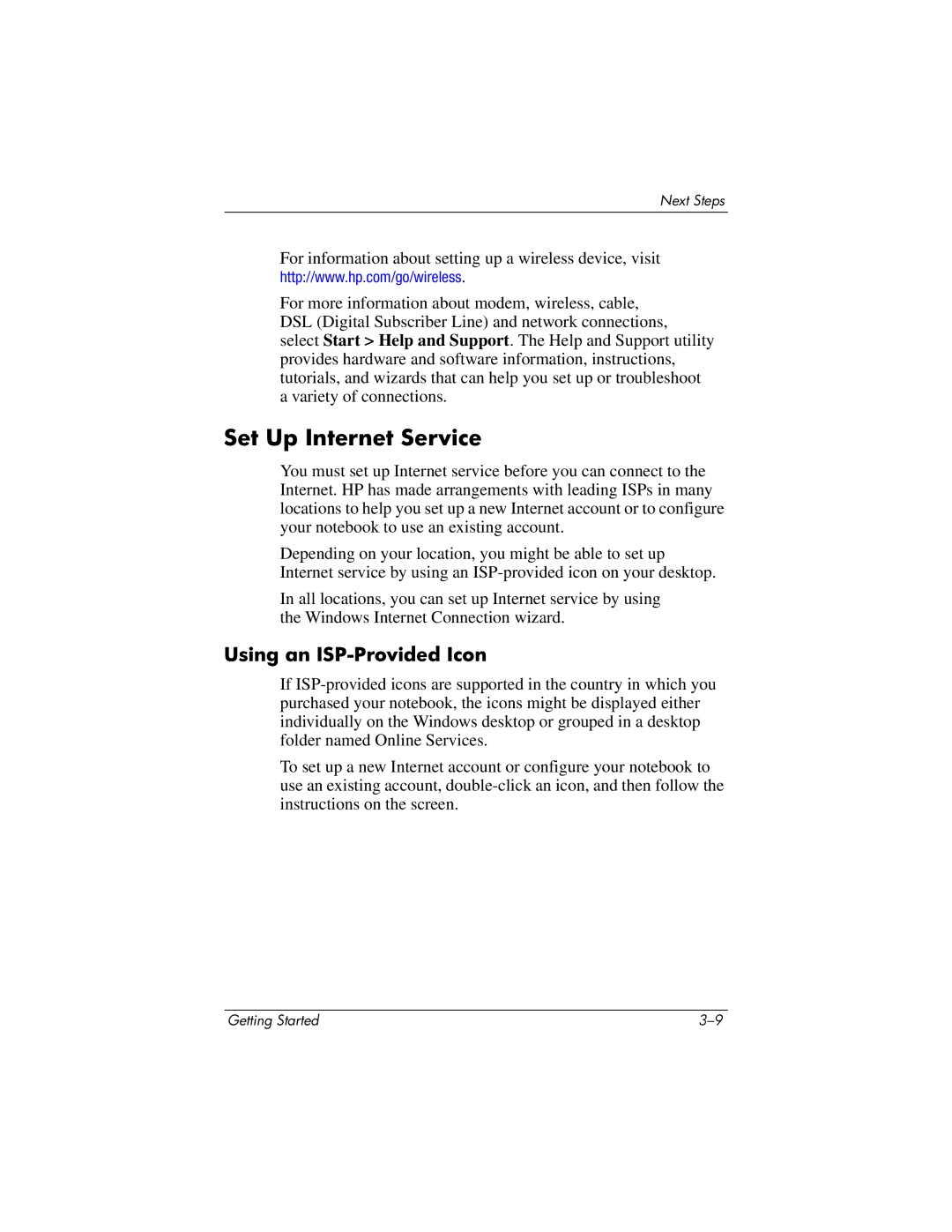 HP 393685-002 manual Set Up Internet Service, Using an ISP-Provided Icon 