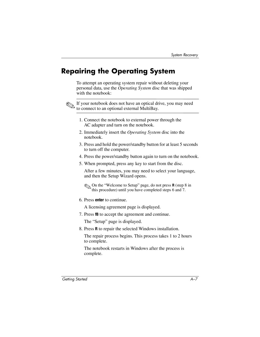 HP 393685-002 manual Repairing the Operating System 