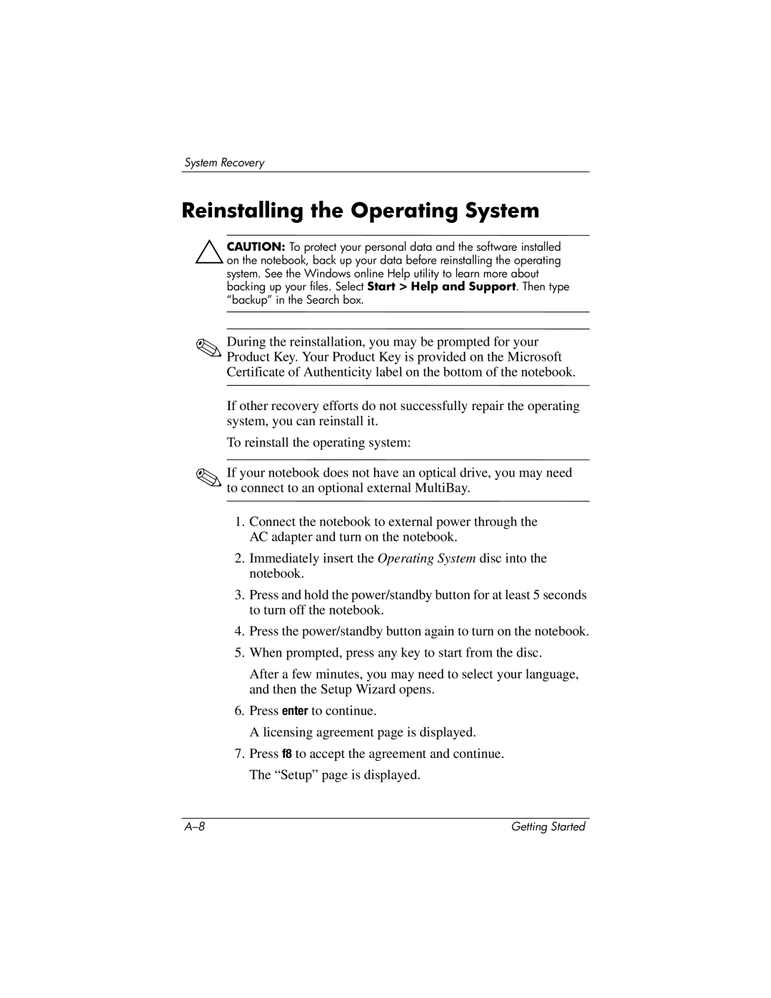 HP 393685-002 manual Reinstalling the Operating System 