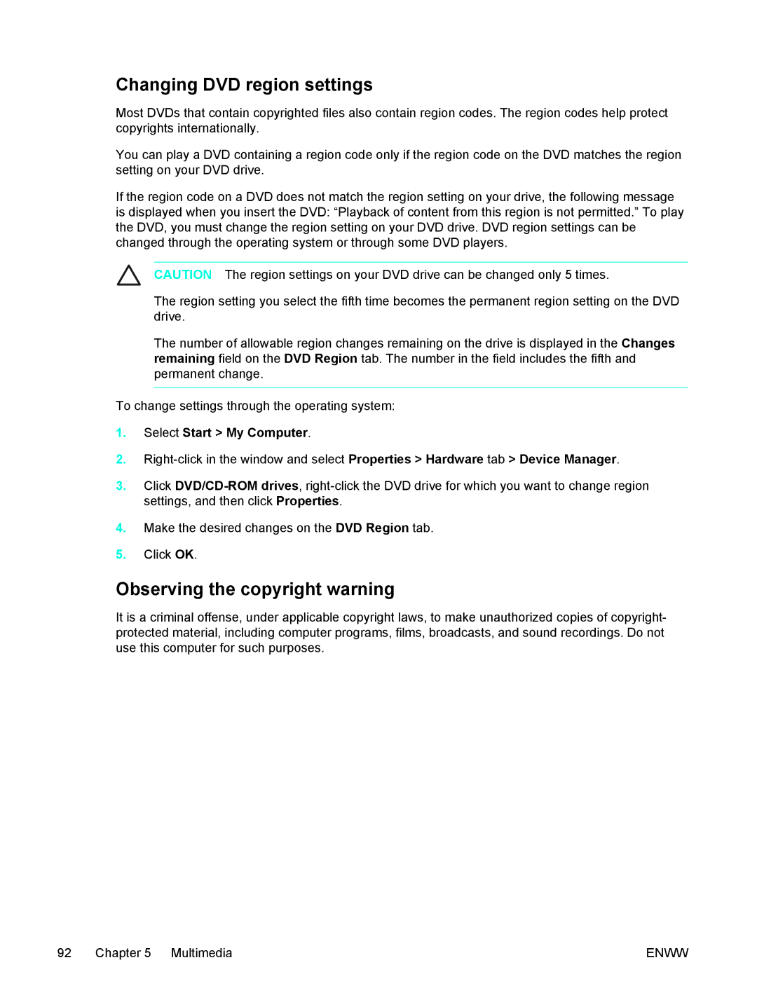 HP 397381-001 manual Changing DVD region settings, Observing the copyright warning 